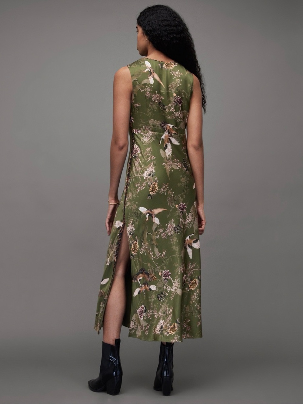 AllSaints Karla Peggy Olive Green Floral V-Neck Maxi Dress - Picture 2 of 7